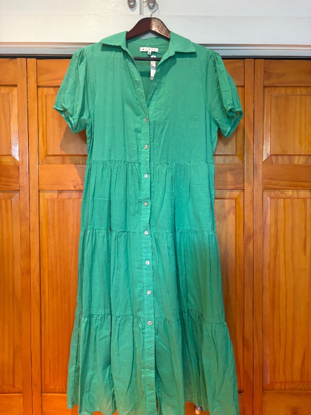 NWT HYFVE Tiered Long Dress, Green Button Down with Collar, Size Large, Cotton
